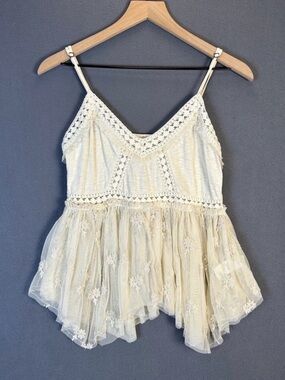 Lucky Brand Ivory Crochet Lace Tulle Embroidered Peplum Cami Top Medium